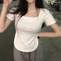 Sexy Wide Neck Single Layer Breathable Polyester Short Sleeve Casual Micro Rib T-shirt for Women