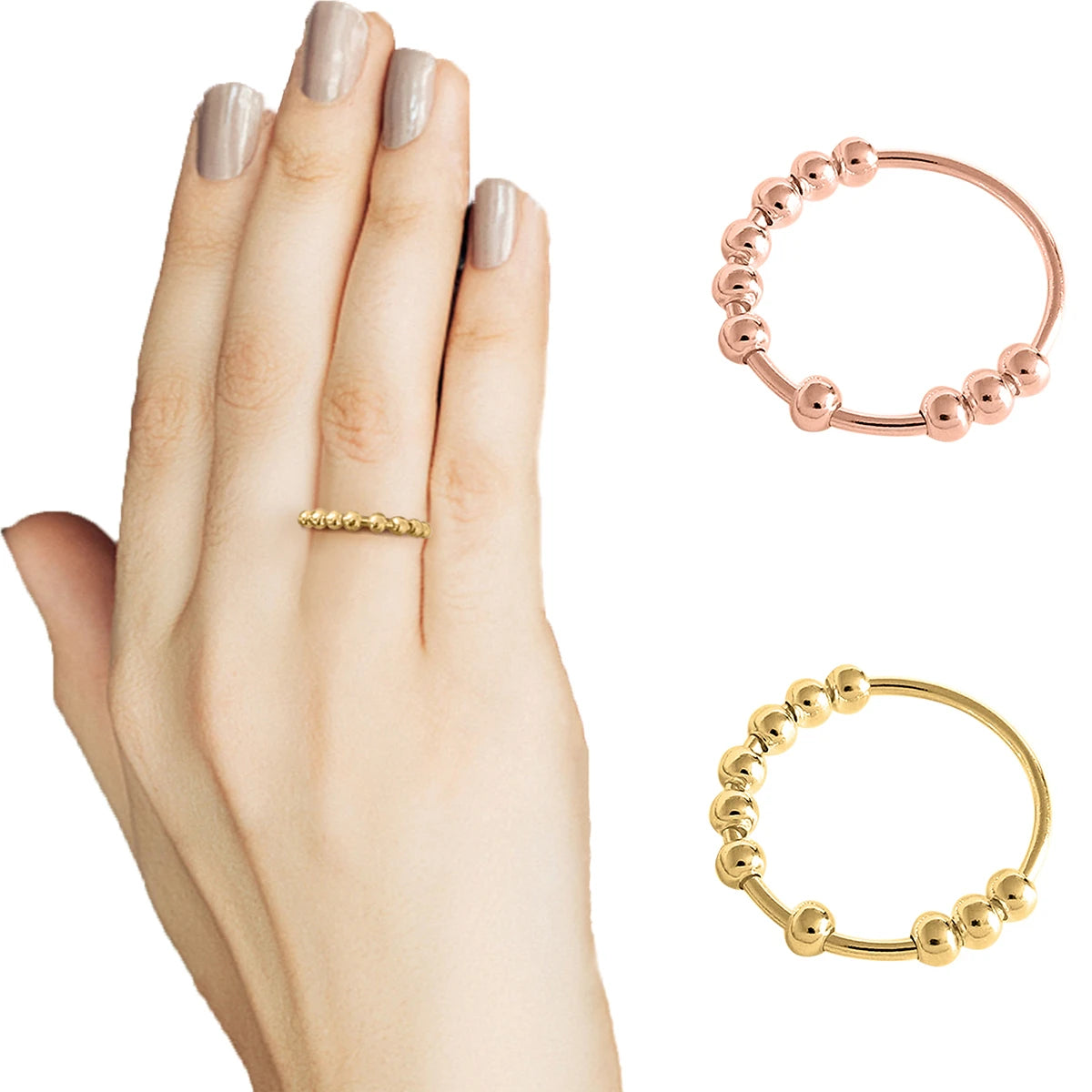 Fashion Womens Anti Anxiety Fidget Ring Stress Relief Rotatable Beads Spinner Rings Jewelry Gift