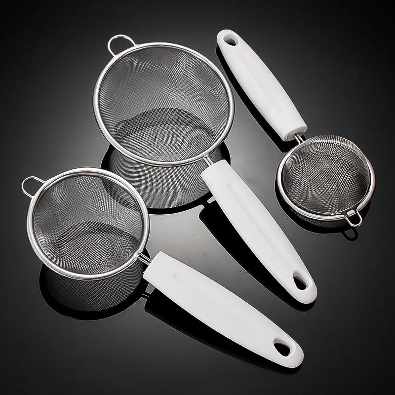 3pcs Stainless Steel Fine Mesh Strainer Set Kitchen Wire Sieve Colander with White Handle for Baking Tea Juice Flour Sifter