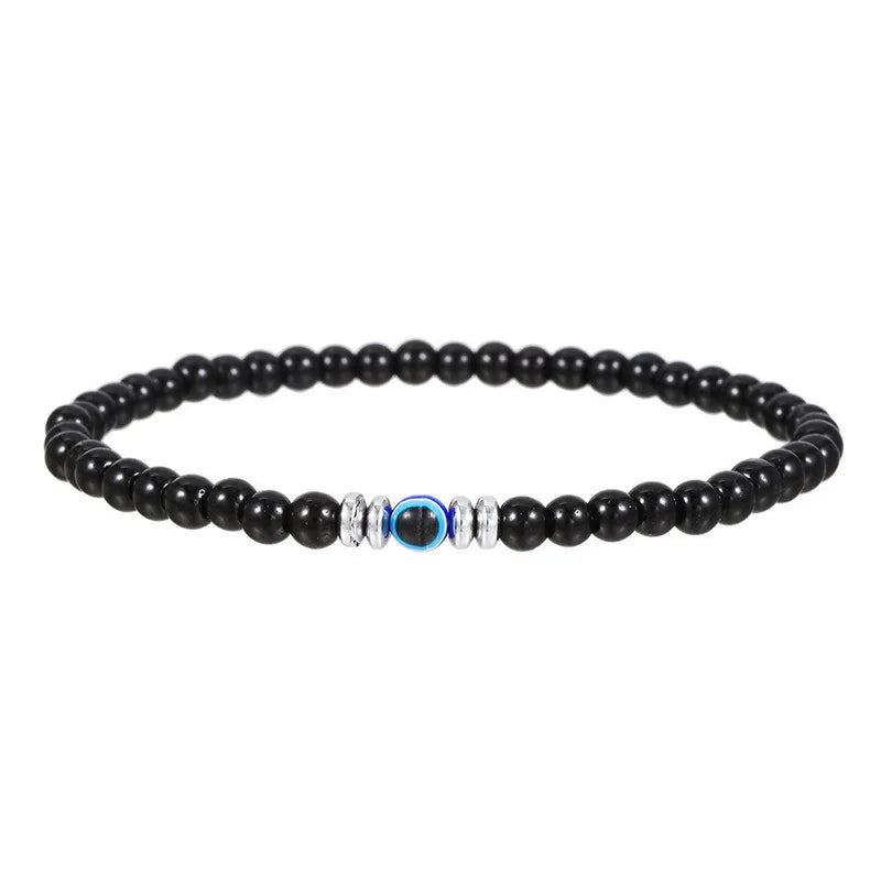 Handmade Retro Style Men Natural Stones Elastic Black Onyx Gemstone Bead Devil Eye Men Friendship Bracelet