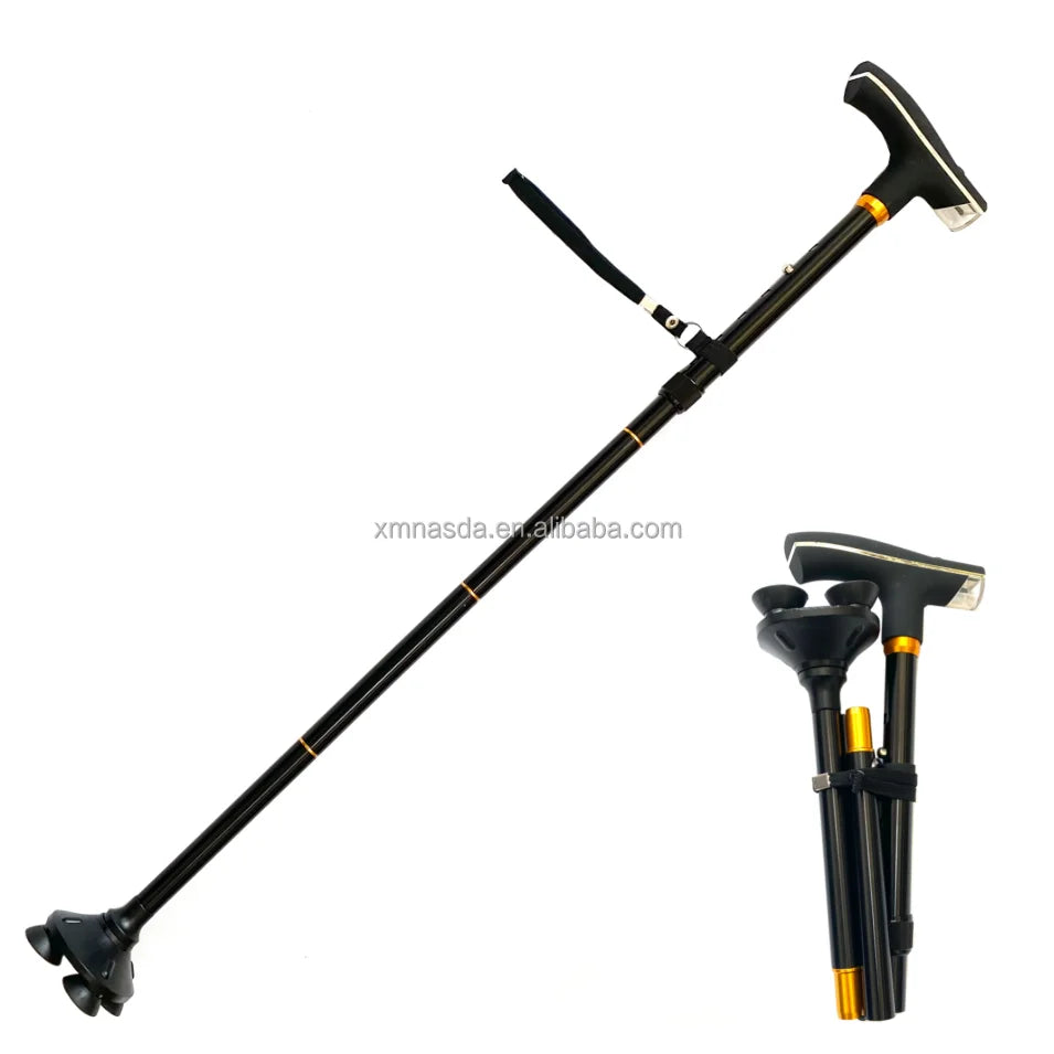 Adjustable Aluminum Nordic Walking Stick LED & Rubber Tip Outdoor Foldable Walking Cane Assistant Hiking Stick