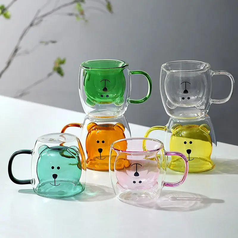Borosilicate Double Wall Colored Glass Cute Bear Tea Double Wall Glass Milk Coffee Bear Mug with Handle