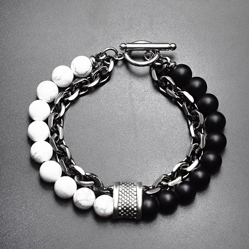 Men's Fashion Natural Stone Turquoise Beaded Bracelet with Metal Chain Accessory Jewelry for Gift Occasions