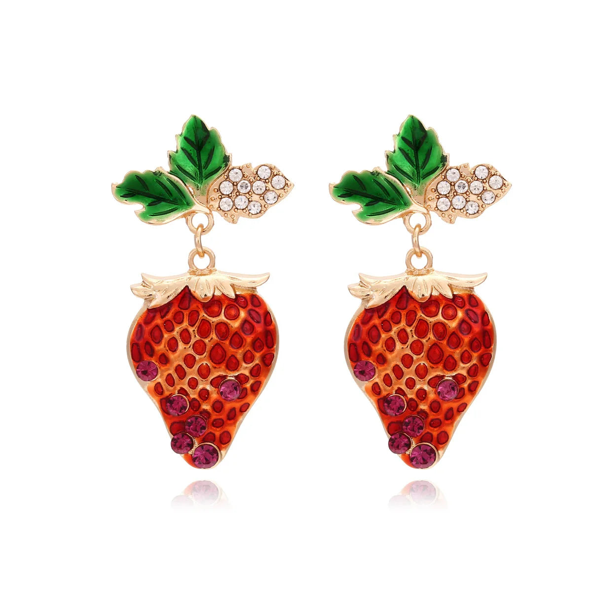 Elegant Dangling Earrings Cute Fruit Leaf Earrings Enamel Rhinestone Strawberry Earrings