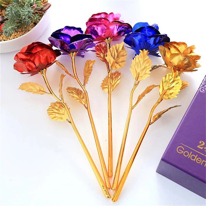 24K Gold Foil 25CM Rose Flower Creative Single Gold-Plated Bouquet Box Christmas Valentine's Day Home Decor Elegant Floral Gift