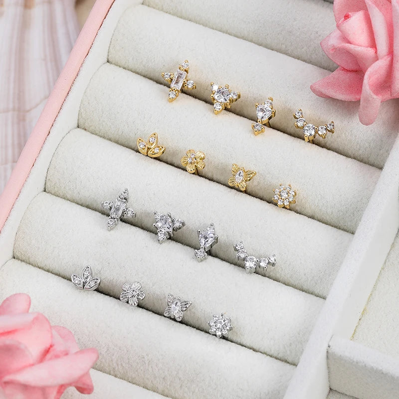 ZESENLIN Original Gold Plated Flower Butterfly Screw Back Stainless Steel Stud Earrings With Crystal Zircon for Women