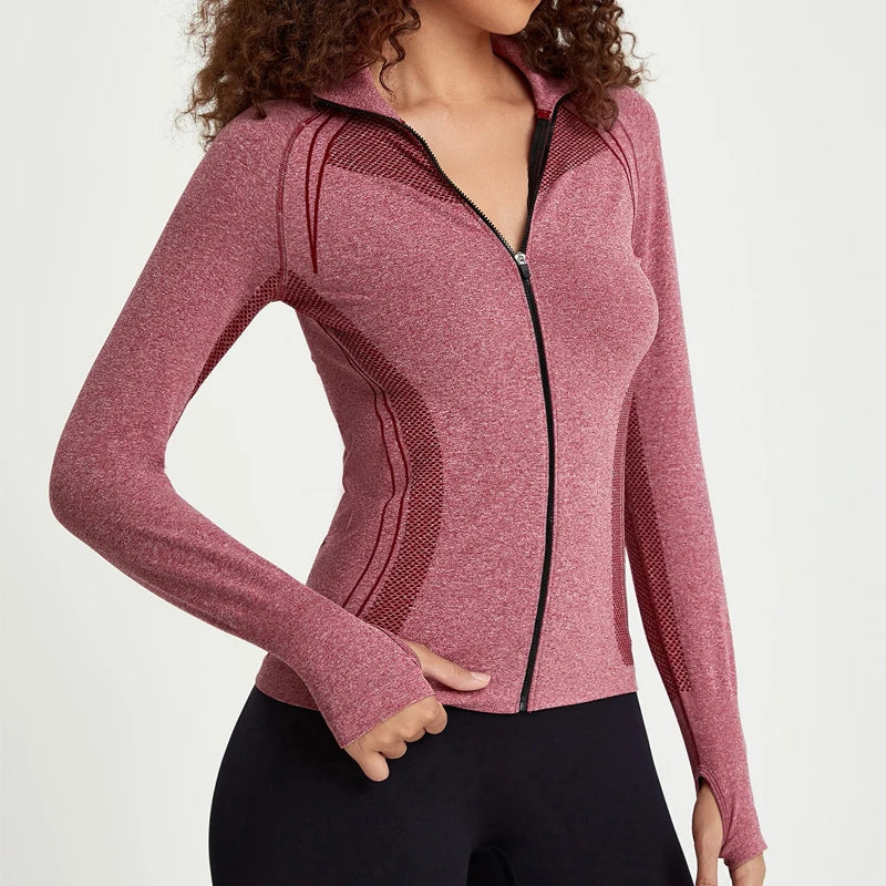 FLW Women's Long Sleeve Sports Yoga Tops Full Zip up Gym Workout Running Track Jackets Thumb Holes Lightweight Seamless Sets