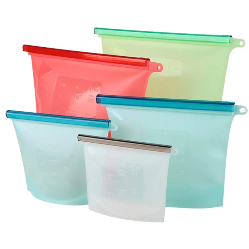 Reusable Silicone Zipper Food Storage Bags Fruits Vegetables Household Use Preserves Freshness Multiple Sizes (500ml-4000ml)
