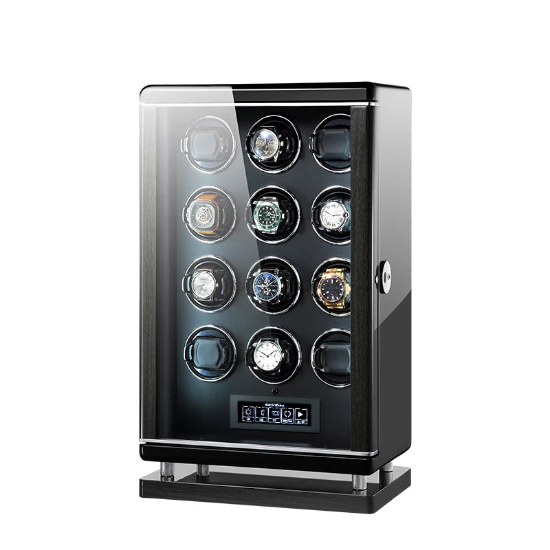 MINEESI 12-Slot Automatic Watch Winder Wood Fingerprint Unlock Shaker & LCD Touch Screen Safe Mechanical Watches Storage Box