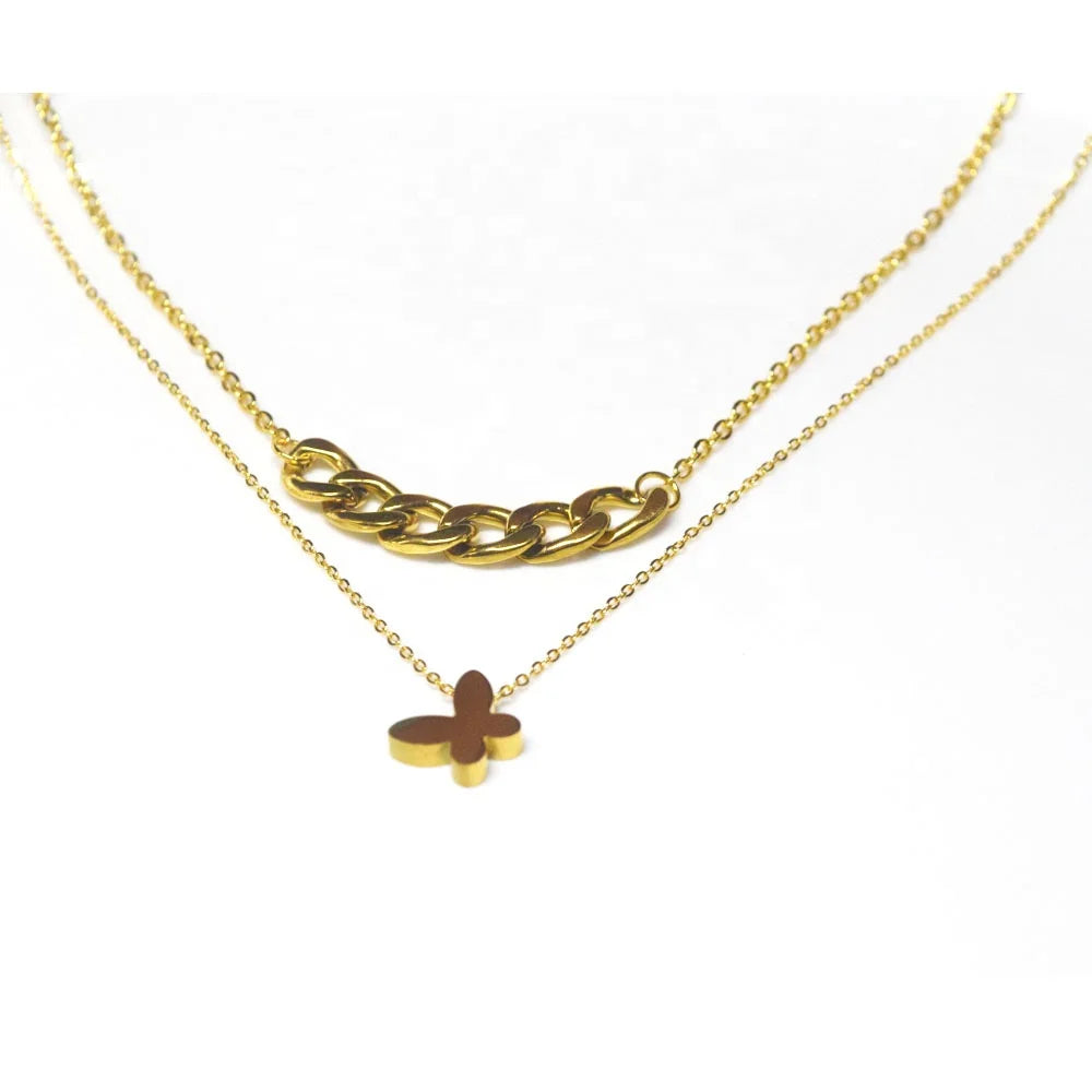 Fashion Boho Stainless Steel 18k Gold Plated 2 Layers butterfly Pendant Necklace Women