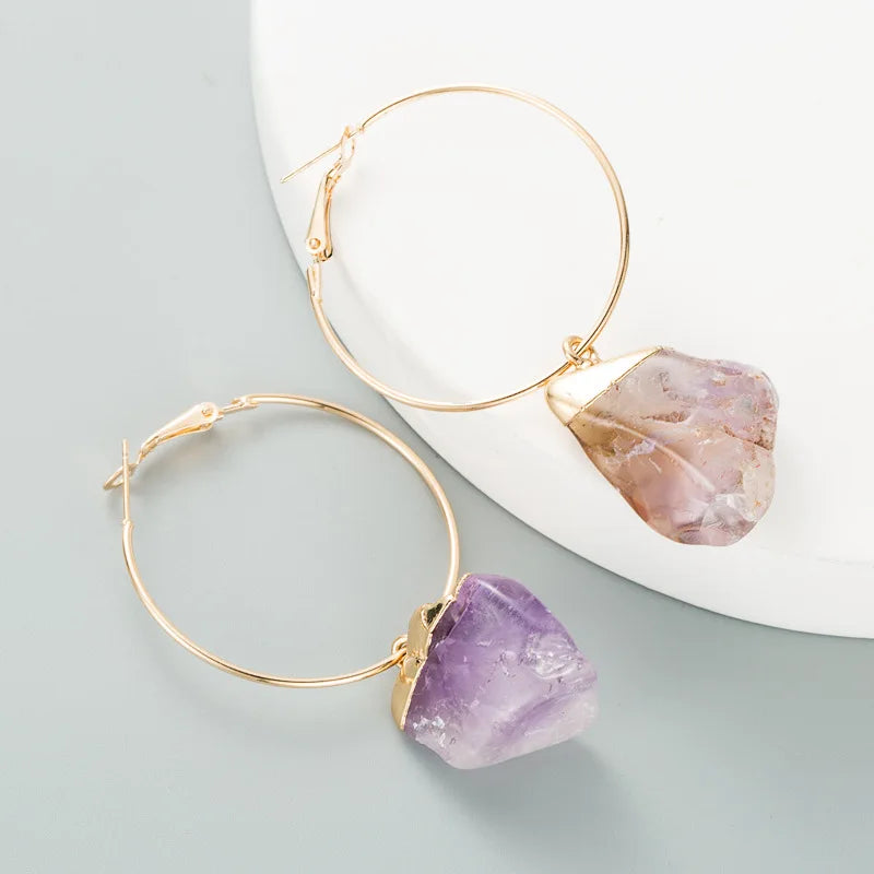 Natural Raw Crystal Stone Earrings Trendy Women 2021 Amethyst Druzy Hoop Dangle Earrings
