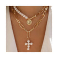 RisingMoon European Baroque 18K Plated Chunky Chain Layered Choker Gold Queen Coin Pearl Cross Pendant Necklace