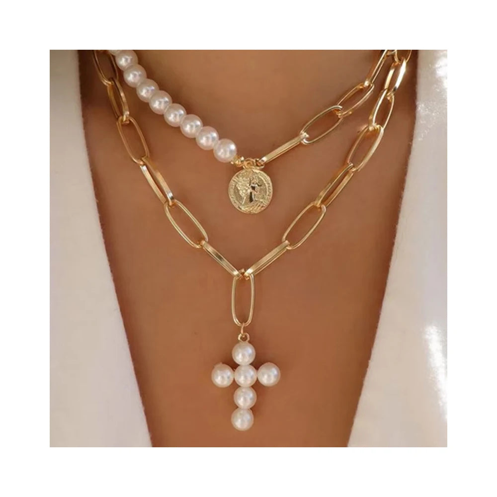 RisingMoon European Baroque 18K Plated Chunky Chain Layered Choker Gold Queen Coin Pearl Cross Pendant Necklace