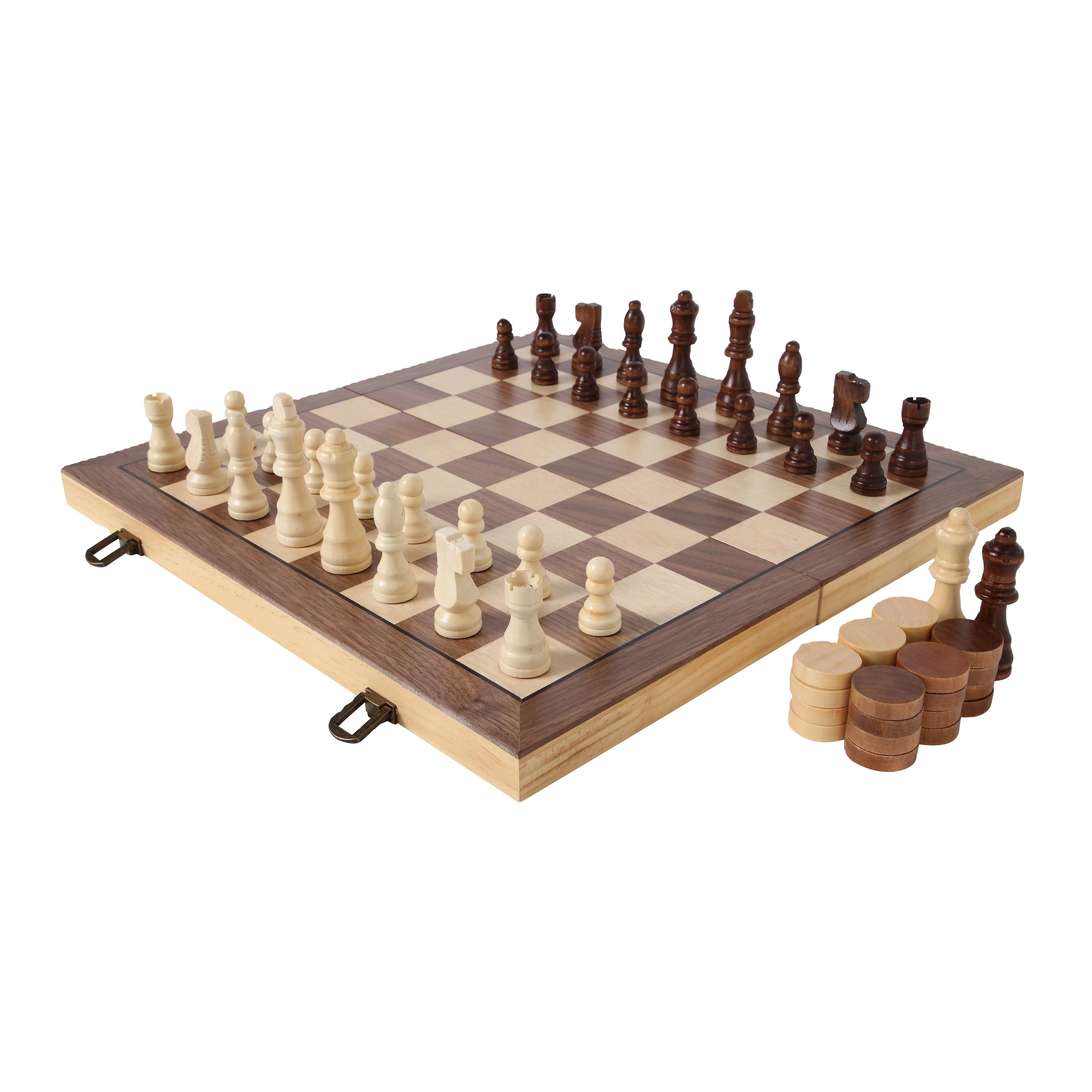 Handmade Classic Retro 15 Inch Wooden Magnetic Portable Foldable Chessboard with Checkers for Children High Quality