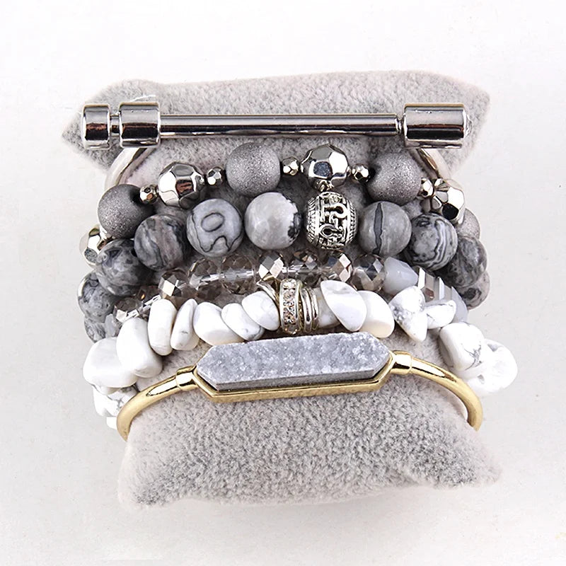 Women Bohemian Jewelry Stretch Alloy Druzy Bangle Bracelets Set 6pc Elastic Natural Stone Crystal Glass Beads Stack Bracelet Set