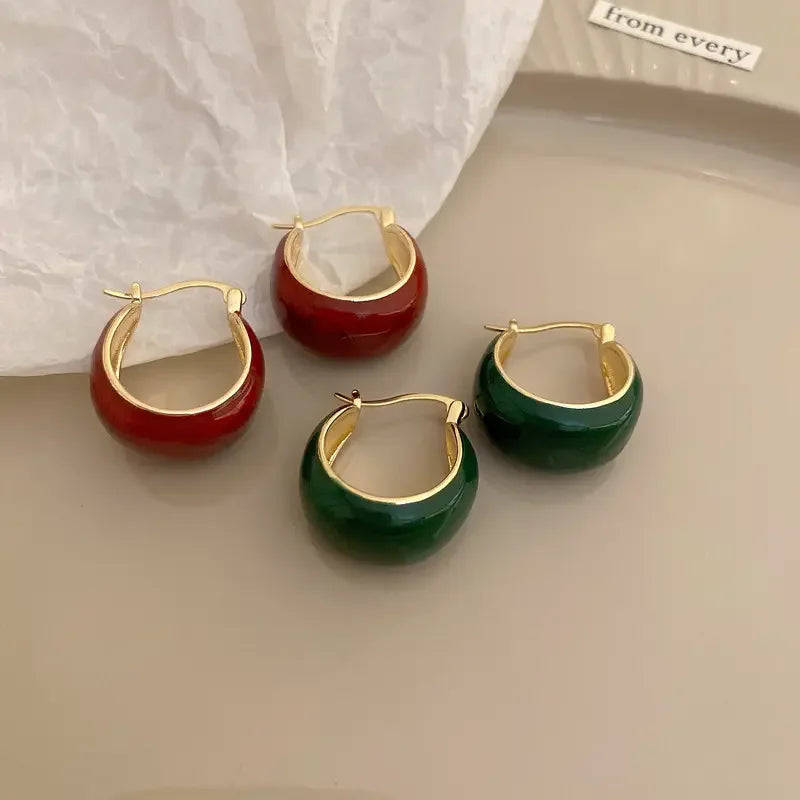 Vintage Red Green Oil Drip Huggie Earrings 925 Sterling Silver Post Enamel Hoop Earrings Women Jewelry