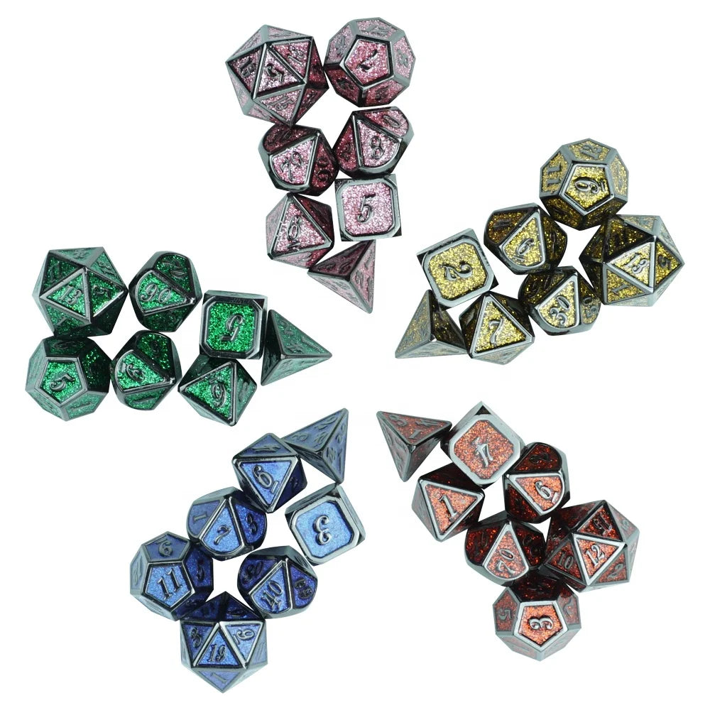 Wholesale 7pcs Dnd Polyhedral Dice Set 110g Dungeons and Dragons Color Glitter Metal Dice Custom logo for Adult Casino Game