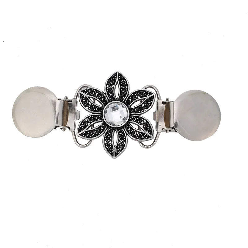 Black Flower Cardigan Clip with Silver Retro Petals CZ Crystal Sweater Brooch for Children's Wedding or Gifts