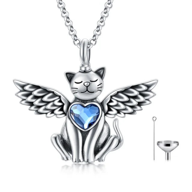 Heart Blue Crystal Cat Dog Angel Wing Heart 925 Sterling Silver Urn Necklace for Ashes Cremation Keepsake
