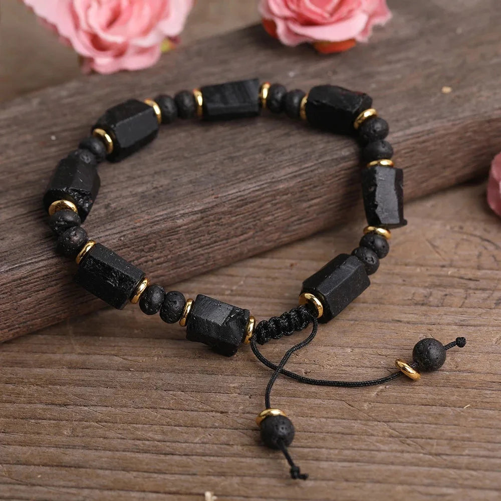 Boho Natural Gemstone Beaded Bracelet Adjustable Dainty Irregular Black Tourmaline Bracelet for Men Jewelry Drop Shipping