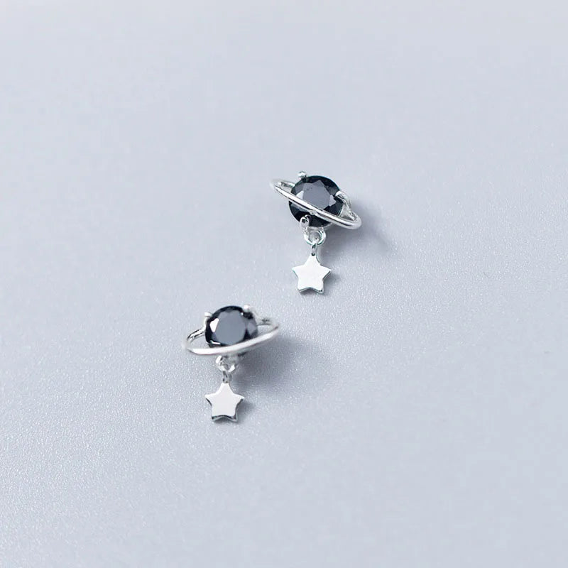 Fashion Girls 925 Sterling Silver Black Zircon Planet Star Wedding Stud Earrings Wholesale