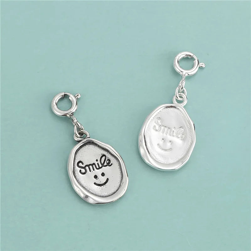 Vintage 925 Sterling Silver Smile Engrave Oval Pendant Cute Antique Silver Smile Charms for Bracelet Necklace Jewelry Making