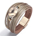 Handmade Ethnic Braided Multi-Layer Leather Bracelet Round Disc Beaded with Gold Plating and Magnetic Clasp Christian Gift