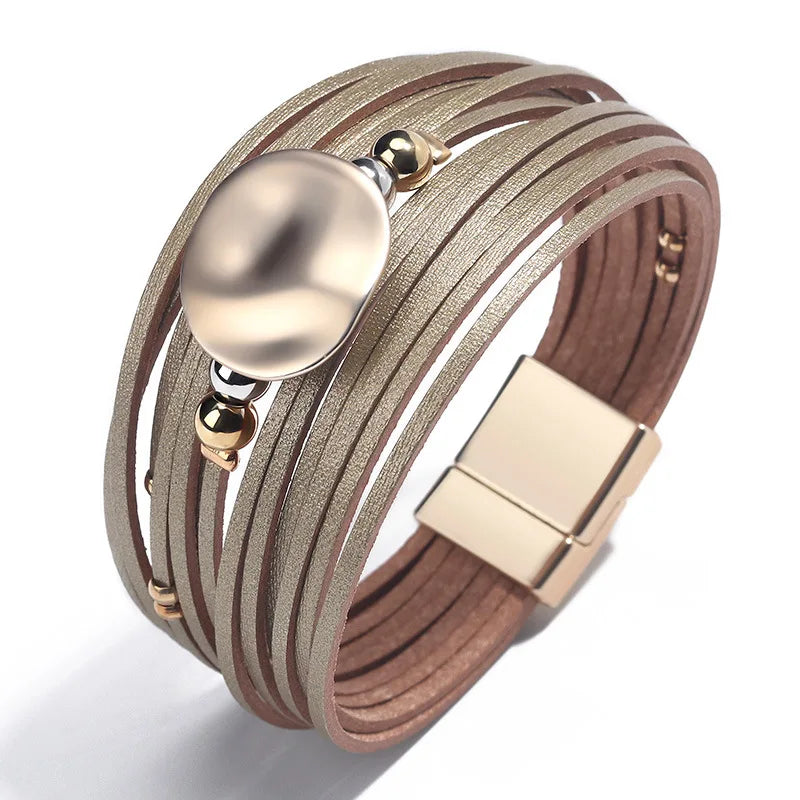 Handmade Ethnic Braided Multi-Layer Leather Bracelet Round Disc Beaded with Gold Plating and Magnetic Clasp Christian Gift