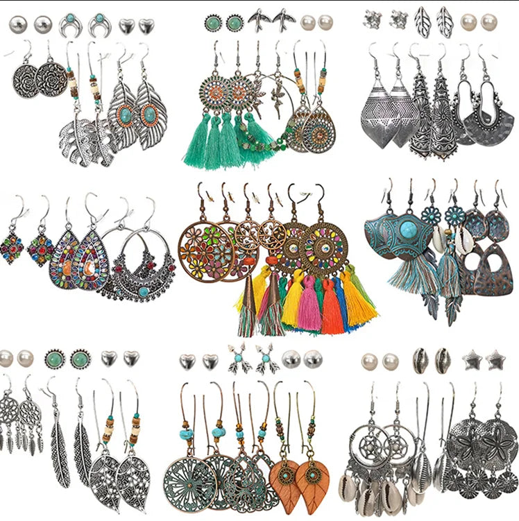 Fashion Vintage Bohemian Ethnic Style  Bronze Silver Drop Dangle Tassel Earrings Set for Women Jewelry