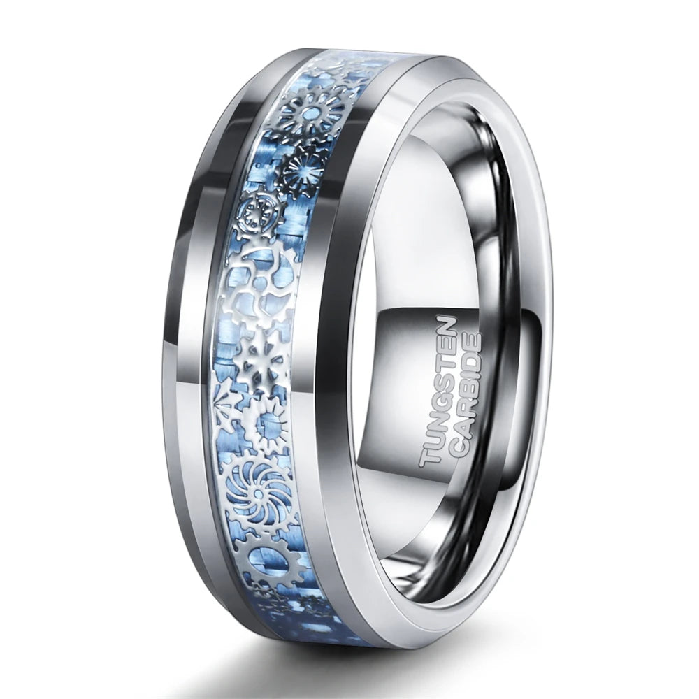 OAHLAN 8mm Gear Tungsten  Rings Free Engraving Tungsten Carbide Mechanical Seal Rings Unique Celtic Tungsten Rings