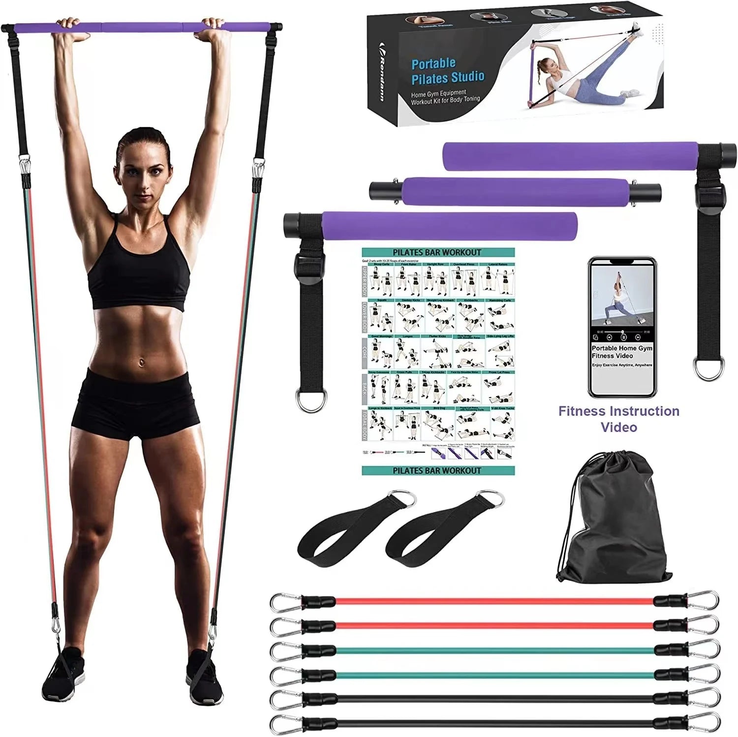 Pilates Bar Kit with Resistance Bands Home Gym Workout Bar Portable 3-Section Exercise Pilates Sticks Bar