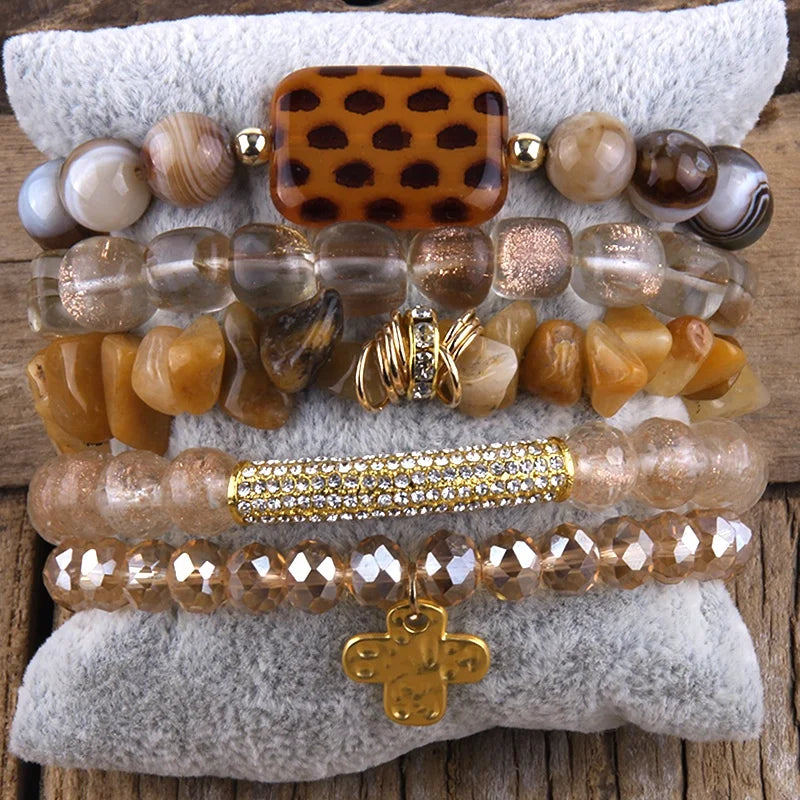 Women Beautiful Boho Jewelry 5pcs Natural Gemstone Square Crystal Glass Bracelet Cross Charm Stack Bracelet Set