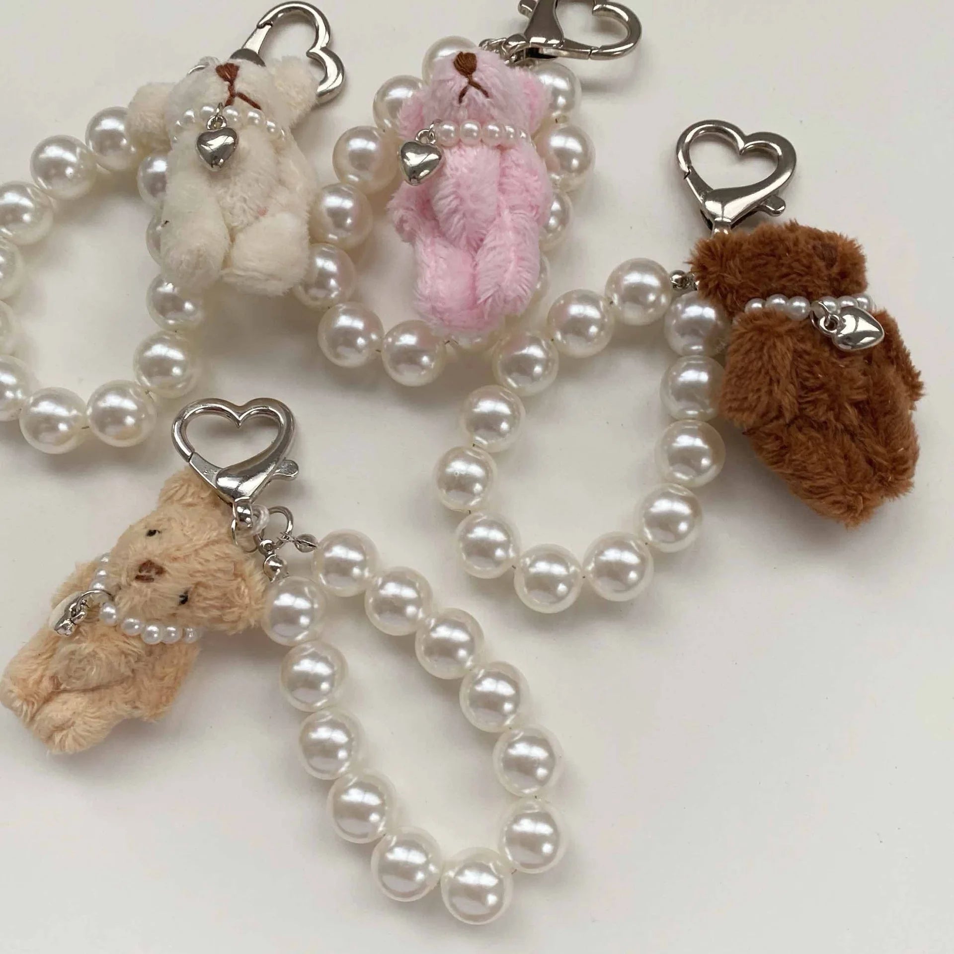 Custom Teddy Bear Plush Pearl Chain Women Pendant Keyring Soft Stuffed Animal Cute Keychains Bag Charms