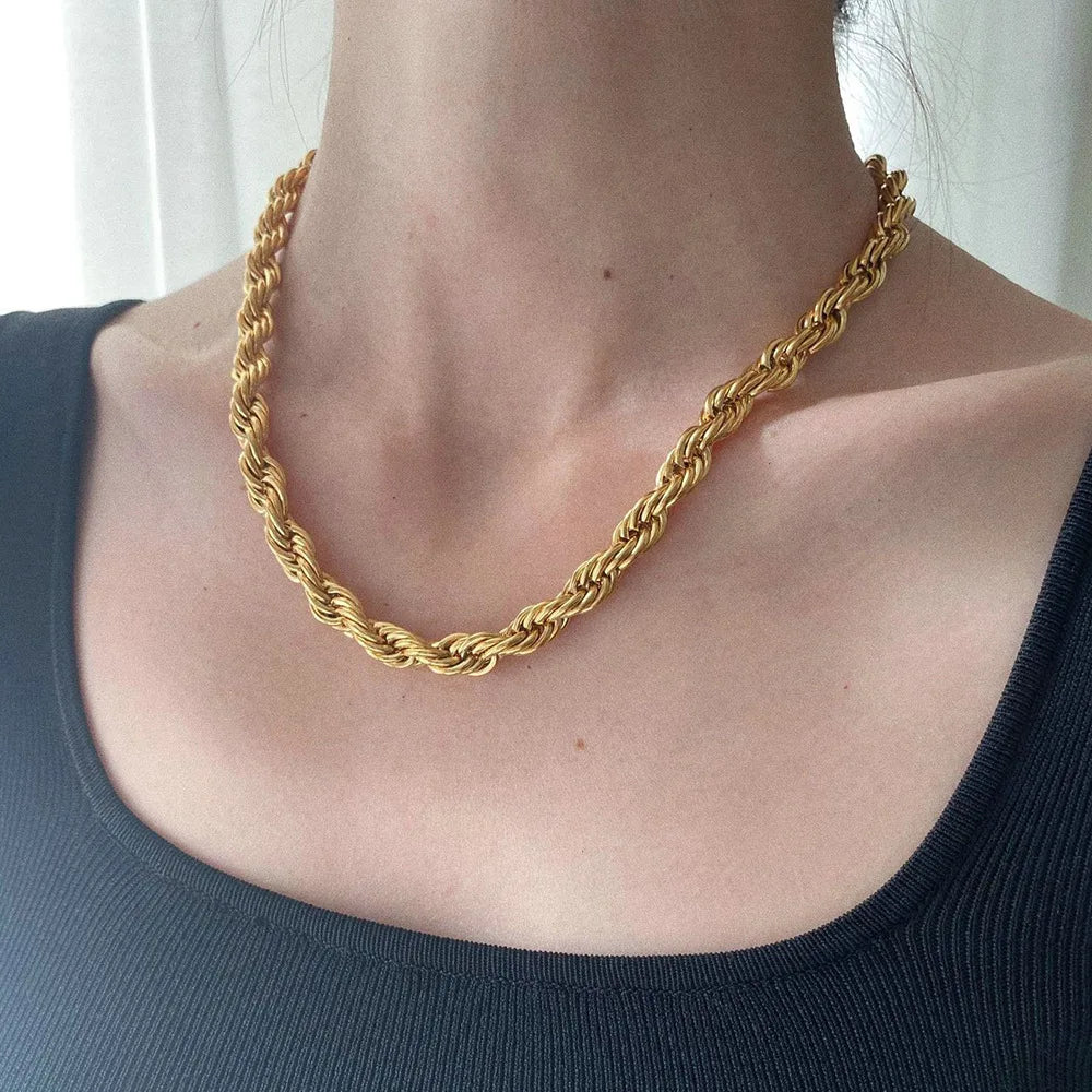 Wholesale Fashion 18K Gold Plated 2/3/4/5/8mm Stainless Steel Chunky Rope Twisted Chain Necklaces Jewelry for Women
