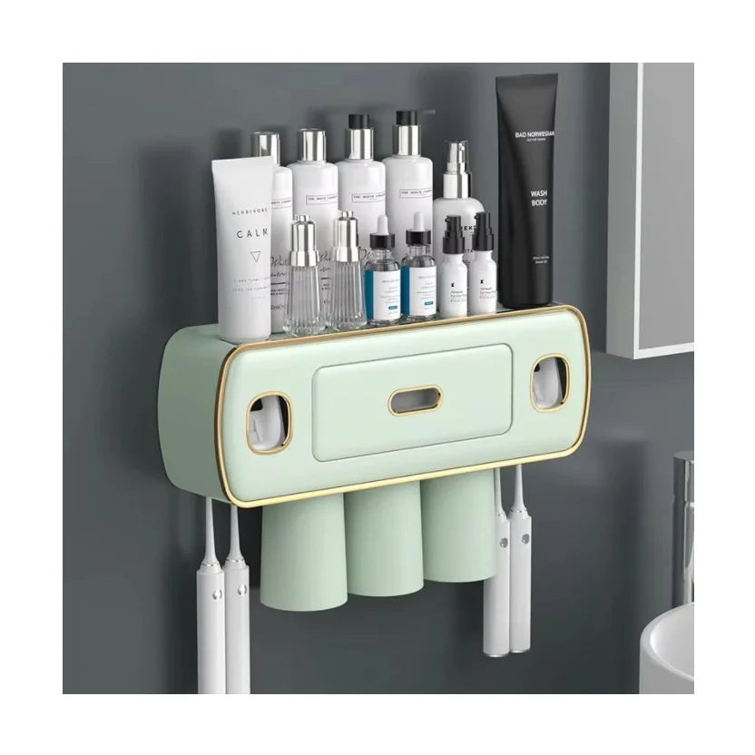 Automatic Eco-Friendly Space-Saving Toothpaste Dispenser Double Cup Magnetic Wall Mount Toothbrush Holder for Bathroom