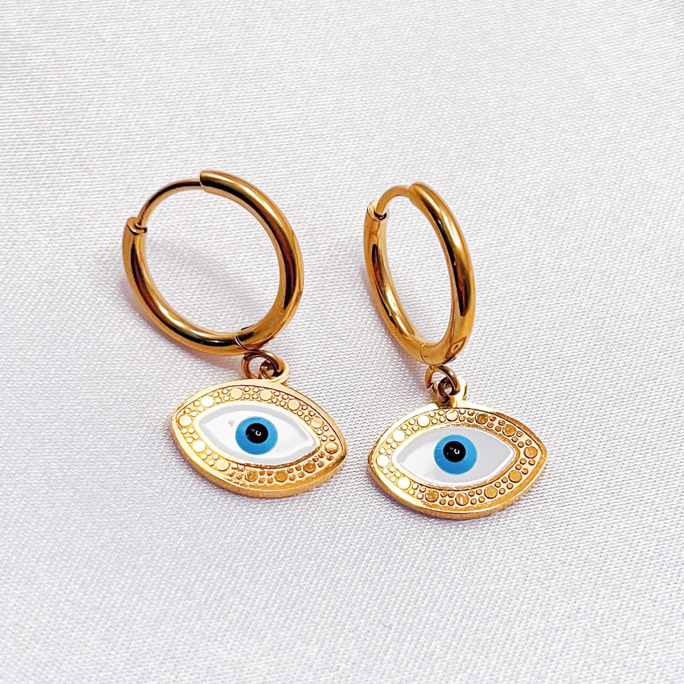Tarnish Free Women Earrings 18k Gold Plated Small Dangle Hoop Earrings Hypoallergenic Dainty Evil Eye Huggie Hoop Earrings