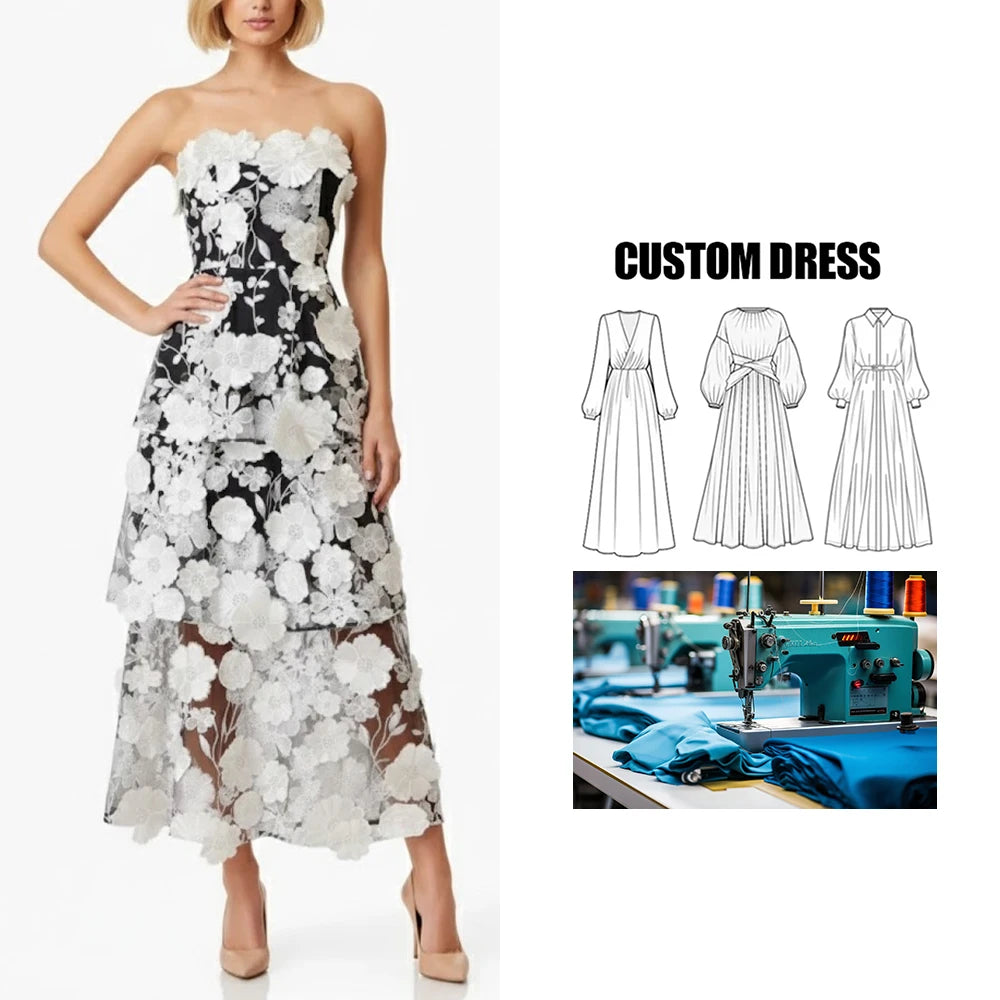Customizable Brand Flower Stereo Decoration Pure Color Tube Top Sleeveless Long Evening Party Dress Empire Waistline Dress