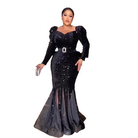 New Design African Evening Dress Designs Sequin Gauze Ghana African Dress Designs High Elasticity African Formal Dresses