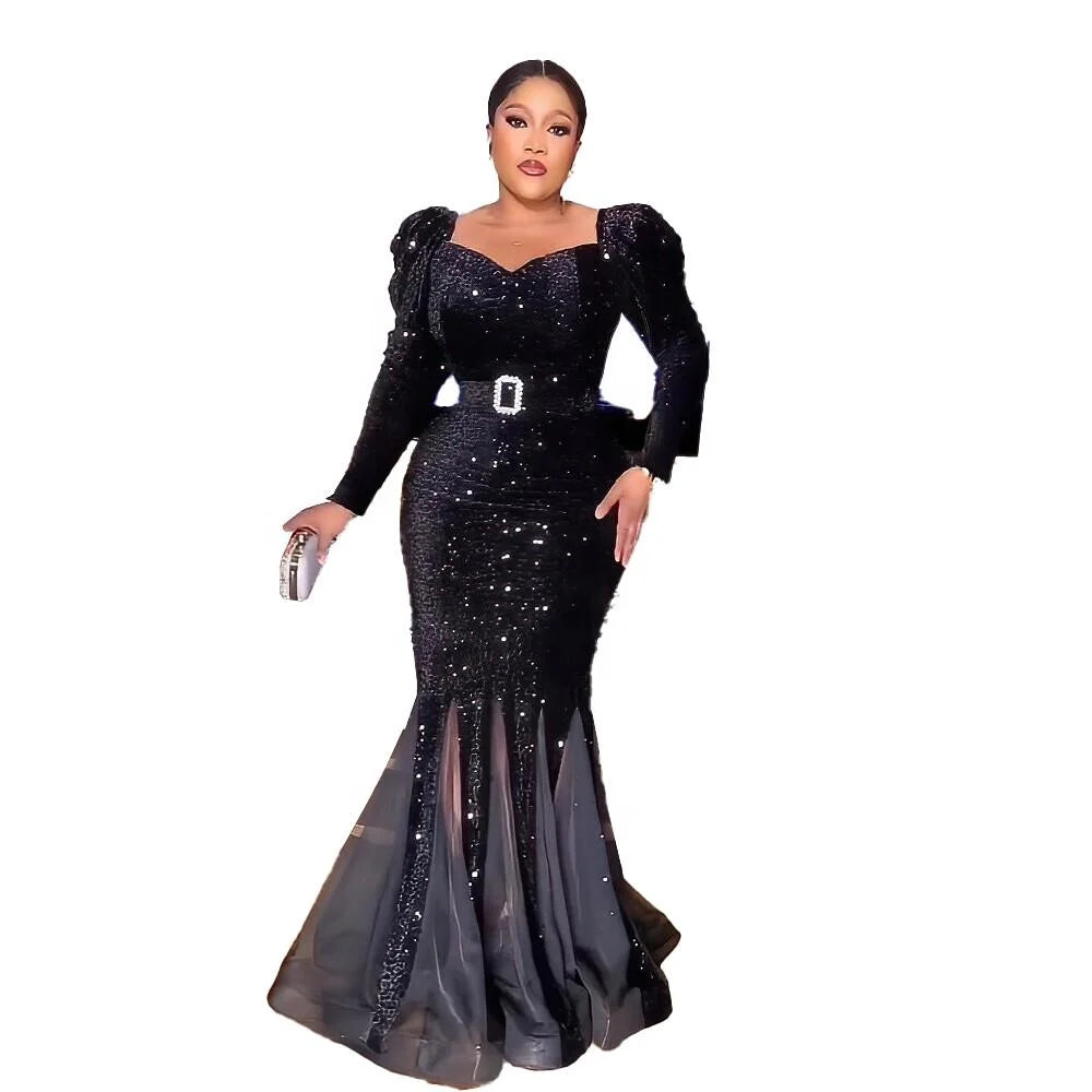 New Design African Evening Dress Designs Sequin Gauze Ghana African Dress Designs High Elasticity African Formal Dresses