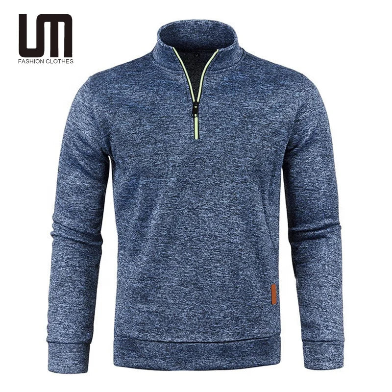 New Custom Autumn Winter Solid Color Long Sleeve Zipper Stand Collar Pullover Sports T Shirts Sweater for Men