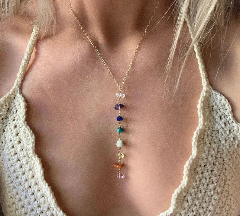 Trendy 2023 Y Necklace Women Health Cure Natural Stone Bead Necklace Colorful Personality Long Gemstone Pendant Necklace