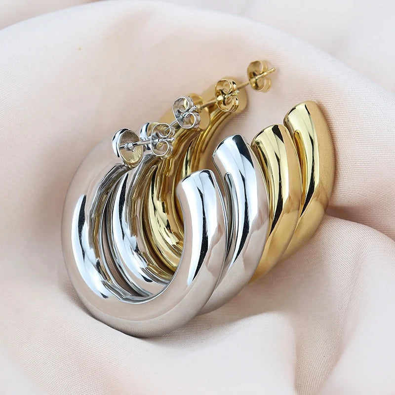 14K Gold Plated Lightweight Chunky Open Hoops 21524 Earring Surgical Stainless Steel Post Thick Hoop Stud Earrings