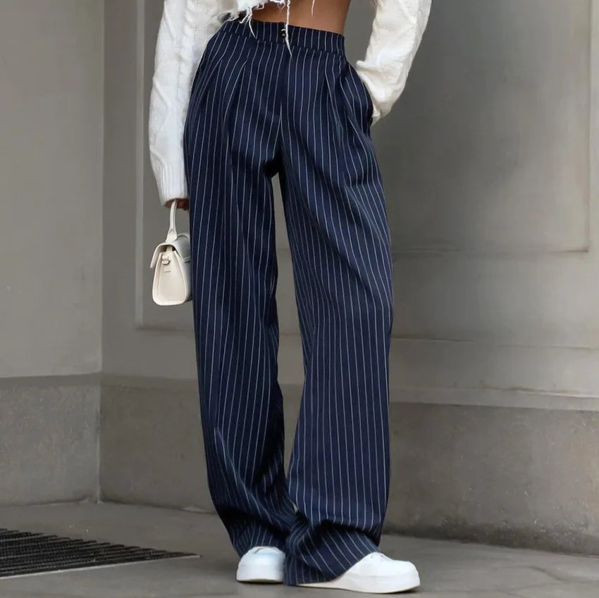 Navy Blue Striped Slacks Korean Style Fashion Women's Clothing Ladies Trouser High Waist Casual Wide Leg Pants for Women