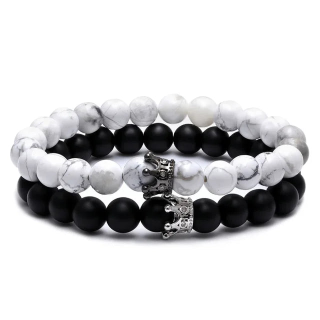 Cheap Bracelet Natural Stone Beads Howlite Lava Stone CZ Crown Charm Couple Bracelet Set for Women Men