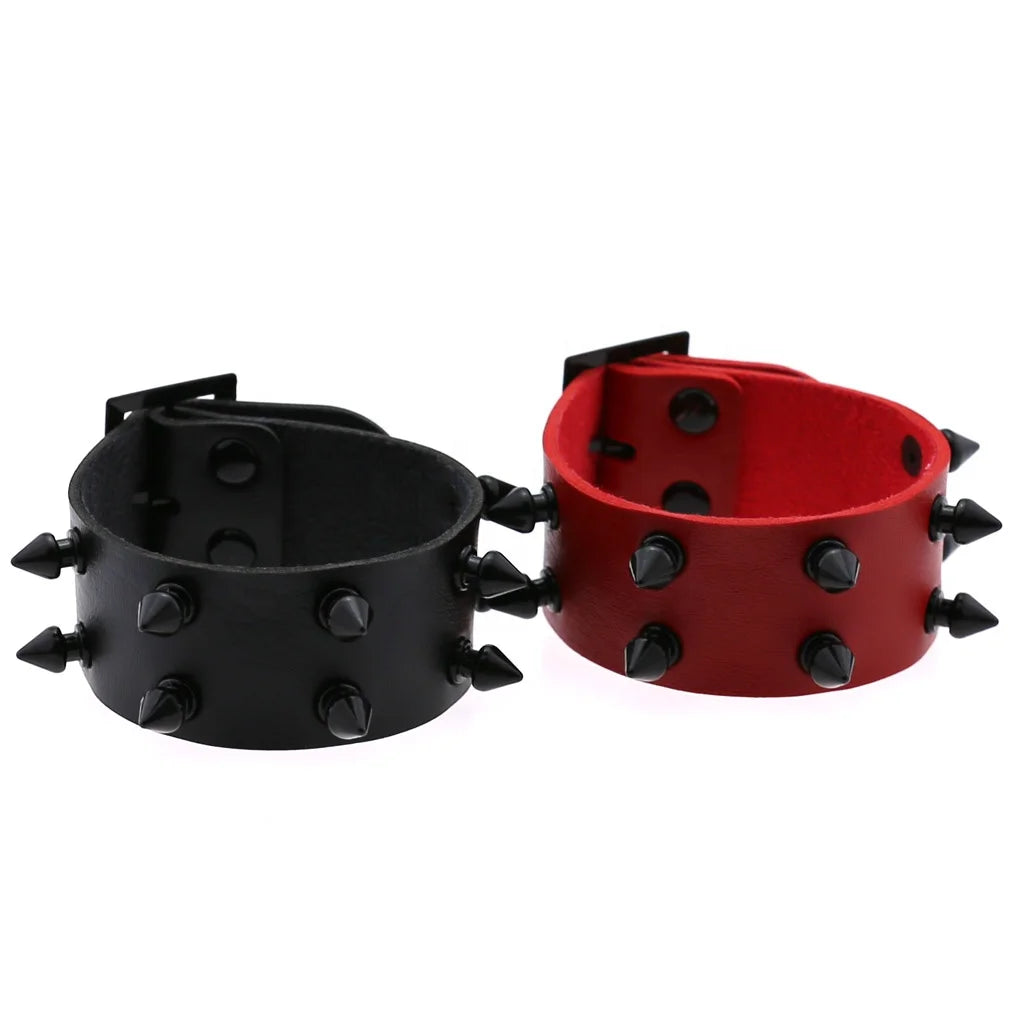 Punk Gothic Rock Black Two Row Cuspidal Spikes Rivet Leather Cuff Bracelet Wristbands Charm Unisex Bangle