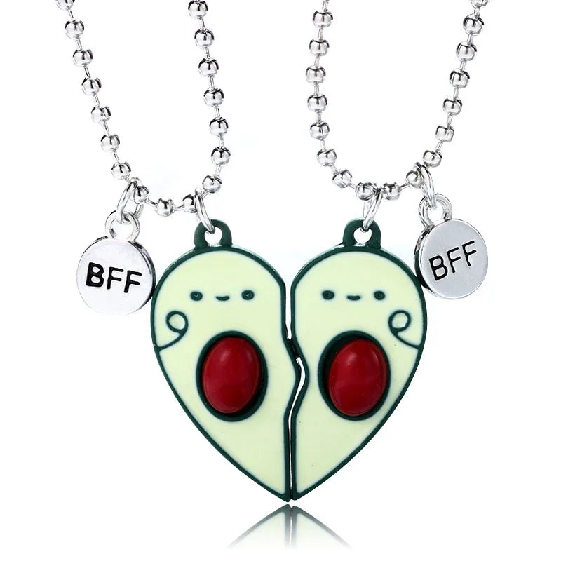 2Pcs/Set BFF Necklace Cute Avocado Heart-shaped Best Friends Necklaces Couples Chain Friendship Gifts for Kids Girl Women