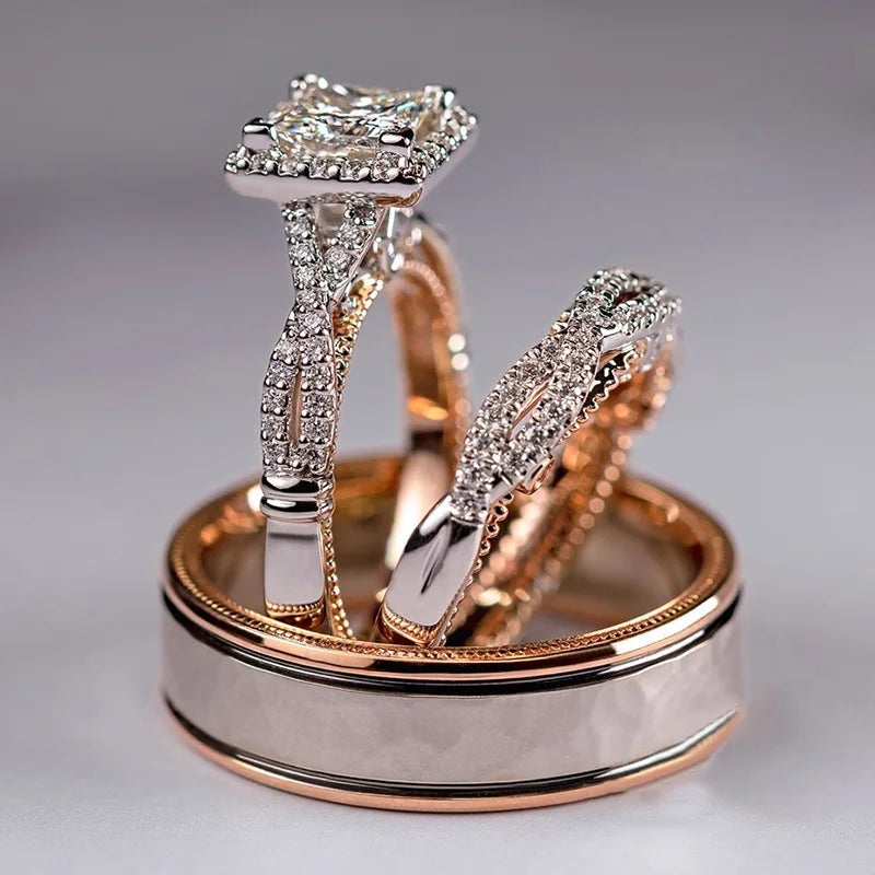 Fancy Design Rhinestone Ring Set Rose Gold Sparkle Rhinestone Rings  Wedding' Luxury Rings