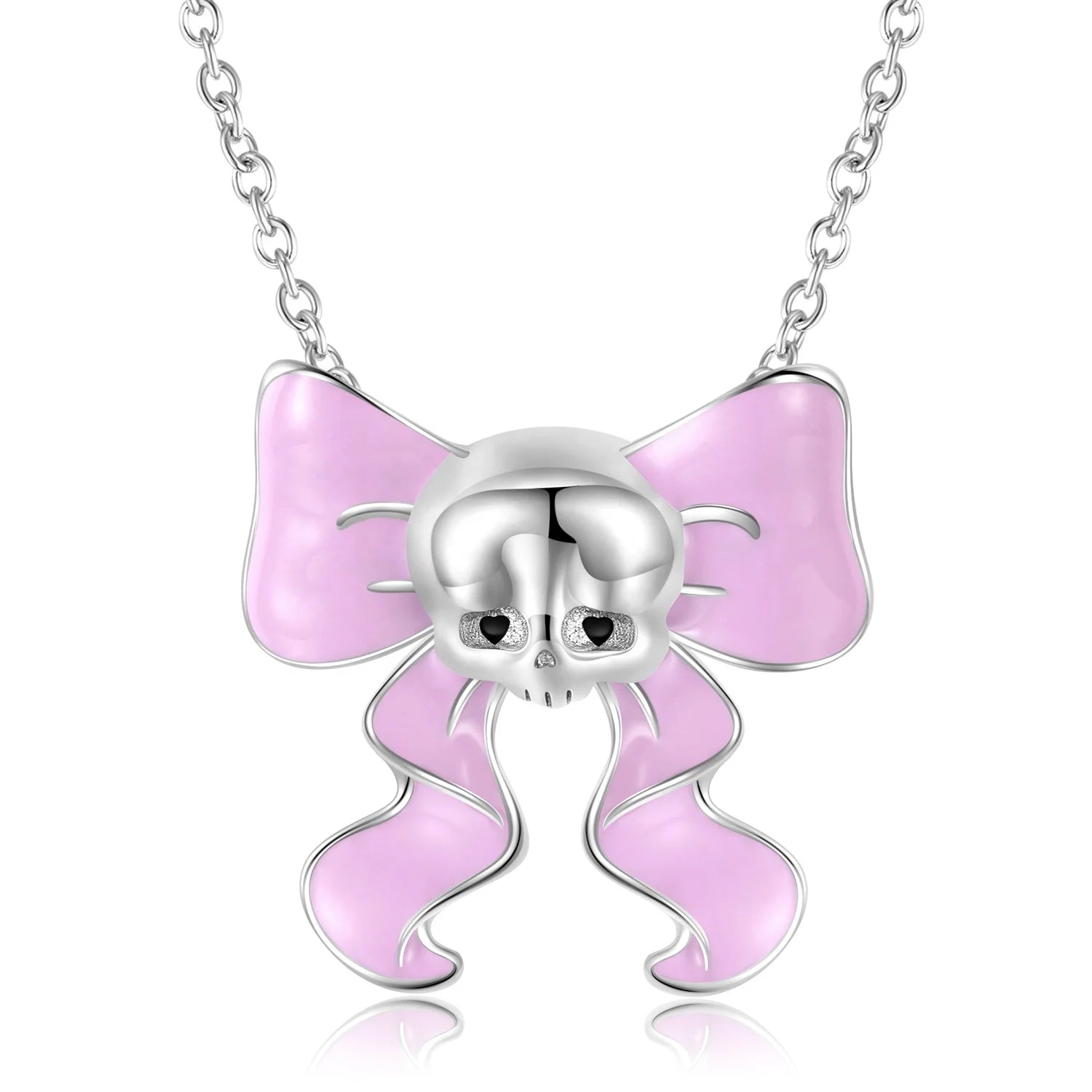 Pink Bow Skull Devil Enamel Pendant for Necklace Real 925 Sterling Silver Chain Necklaces Jewelry for Women Fashion Accessory