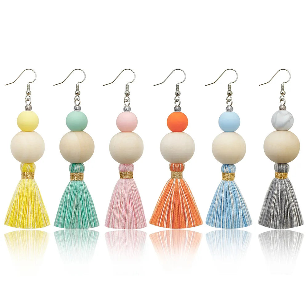 Perfume Diffuser Wood Bead Earrings Handmade Woven Cotton Ear Hooks Bohemian Tassel Earrings for Women Girls