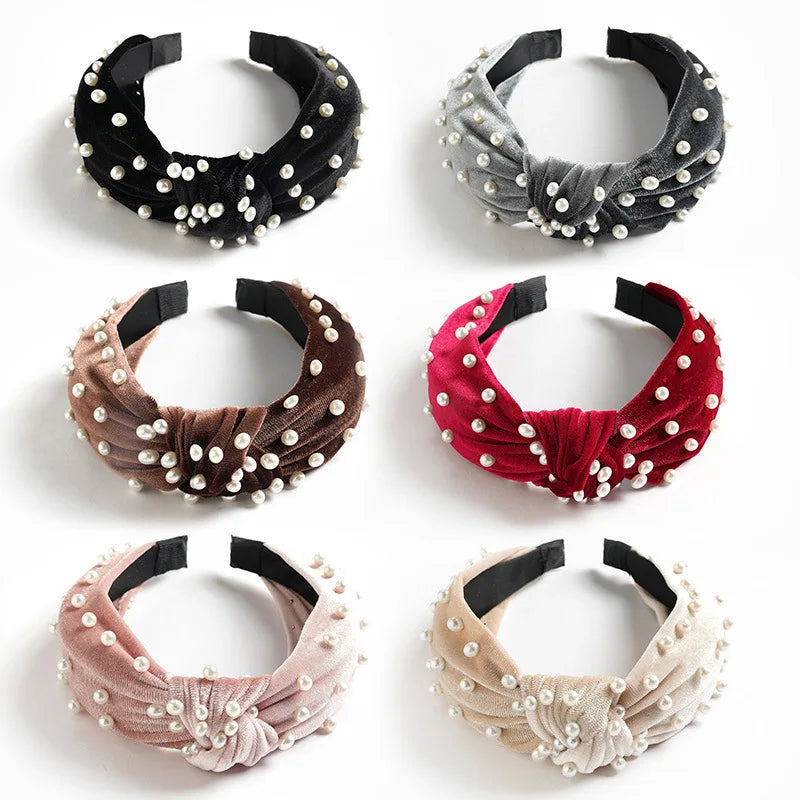 Trend Versatile Headwear Hair Accessories Fashion Gold Velvet Pleuche Fabric Beaded Knot Headband